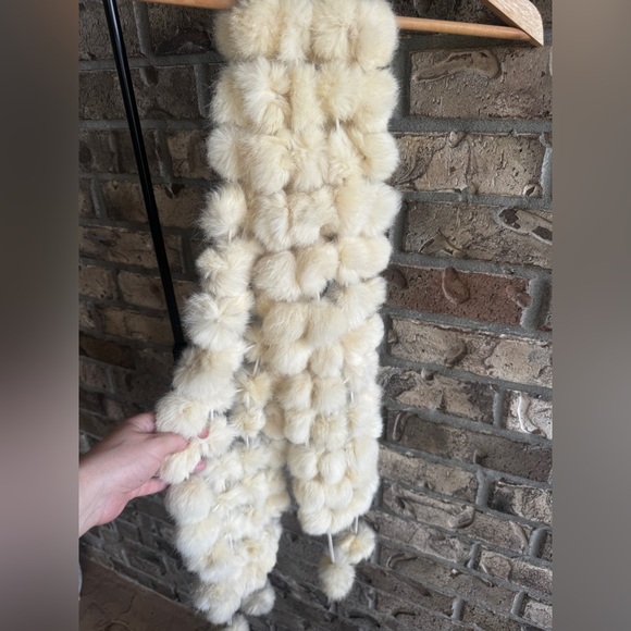Women Real Rabbit Fur Pom Pom Scarf Cream Ivory Long Rabbit Fur Wrap Winter